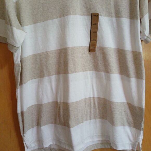Roebuck & Co Polo Shirt Mens Large TAN White Striped Short Sleeve NWT - Picture 12 of 16